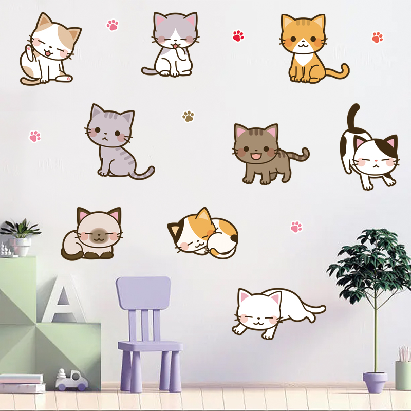 创意卡通可爱小动物猫咪狗狗贴画温馨家用卧室墙上装饰遮挡墙贴纸图片