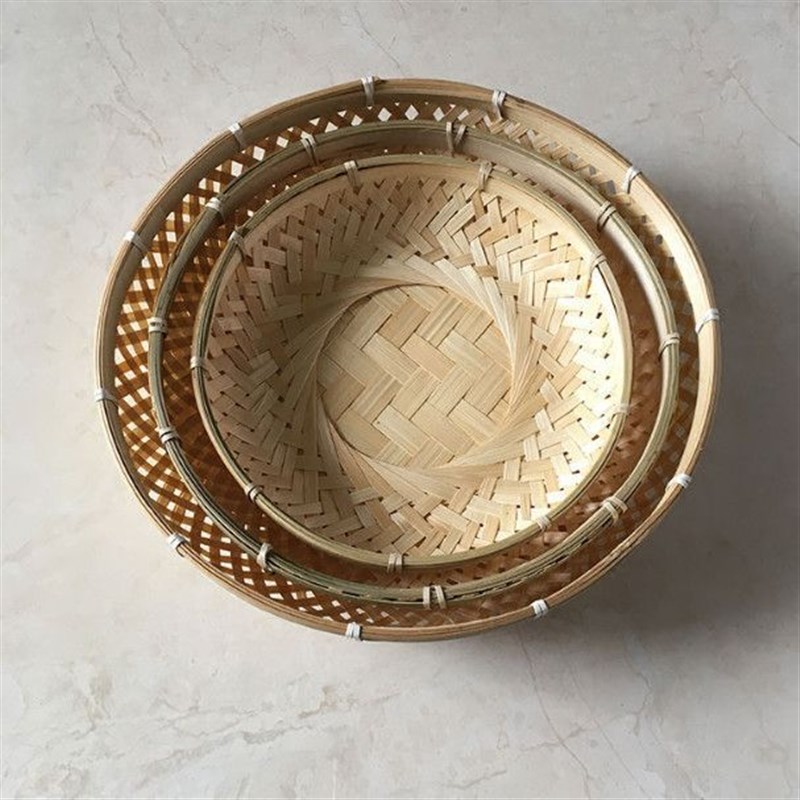 竹编平底水果篮桌面收纳筐果盘簸箕手工零食篮子馒头筐竹筐洗菜篮