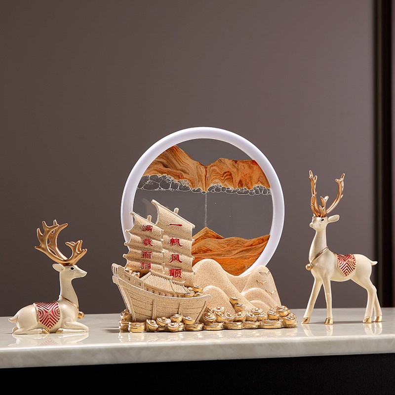 招财鹿流沙画摆件新中式客厅电视酒柜办公室桌面装饰品摆件