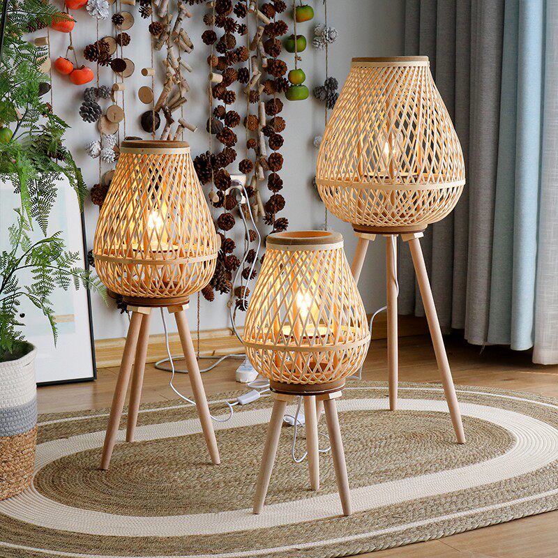 藤编风灯北欧落地带支架灯笼插电烛台民宿床头灯酒店样板间新中式