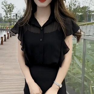 雪纺短袖衬衫女2024新款微透黑色衬衣时尚性感显瘦夏季高级感上衣
