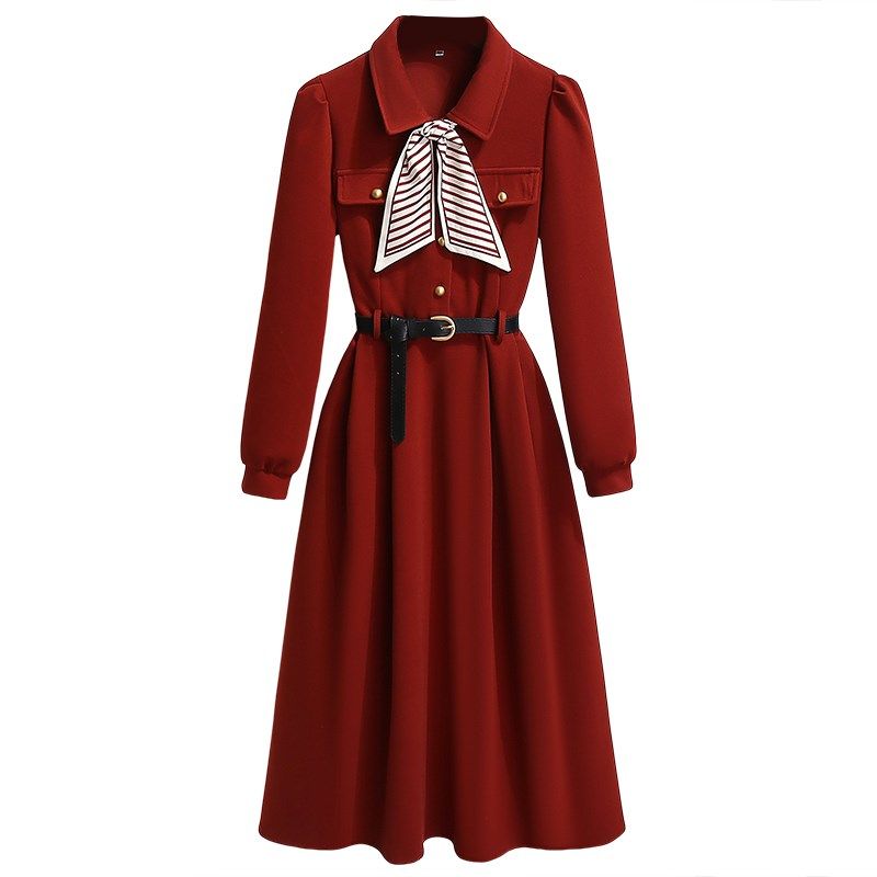 红色磨毛长袖连衣裙女2025秋季新款轻奢高级感收腰a字衬衫长裙子