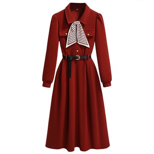 红色磨毛长袖连衣裙女2025秋季新款轻奢高级感收腰a字衬衫长裙子