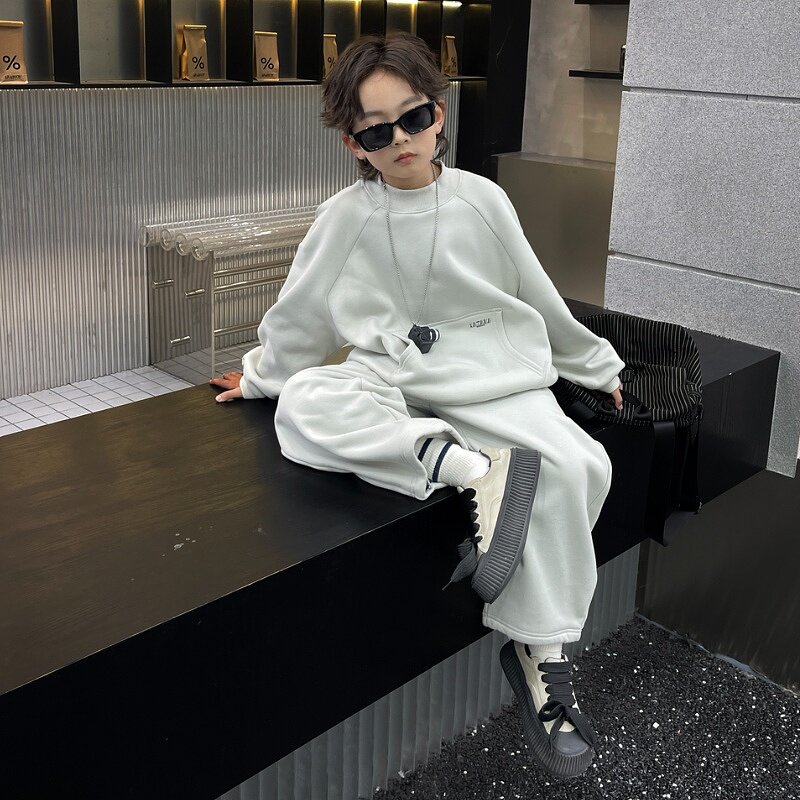 越也男童上下套头两件套冬季新款加绒保暖卫衣卫裤儿童套装洋气