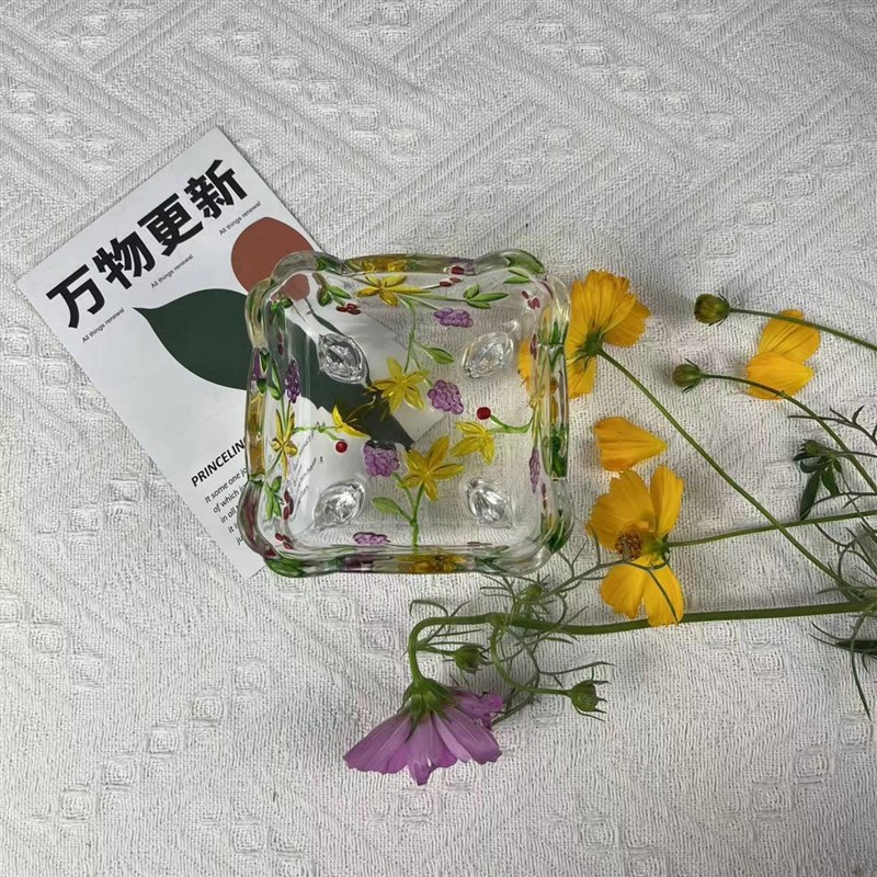 手绘彩色葡萄雕花方形复古糖罐烟灰缸浮雕储物罐首饰盒玻璃肥皂盒