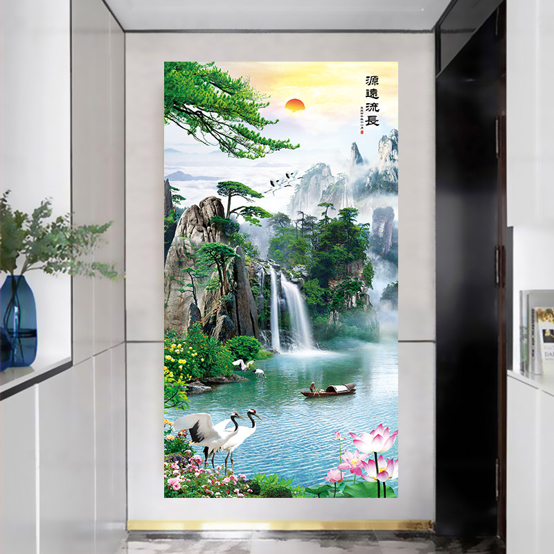 流水生财山水风景画玄关画自粘走廊过道壁画贴纸竖版装饰贴画墙贴,家居饰品,软装墙贴,淘宝优惠券,粉丝福利购,淘宝优惠卷