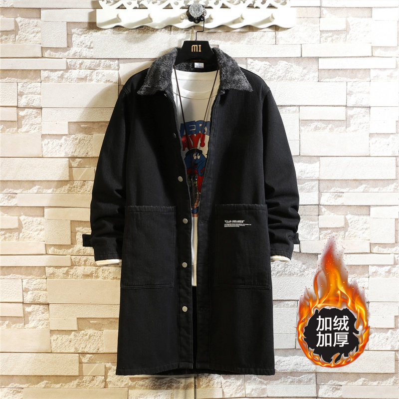 秋冬季胖子加绒加厚中长款牛仔风衣外套男春秋加肥加大码棉衣夹克