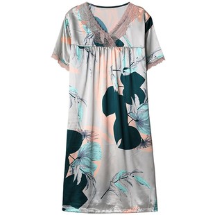 妈妈睡裙女士睡衣裙子夏季薄款丝绸短袖夏天中长款加大码连衣裙子