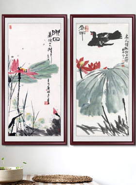 张大千金线荷花新中式入户玄关装饰画古典过道走廊墙壁画竖版挂画