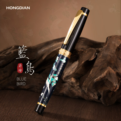 弘典1837莳绘钢笔中国风花鸟复古明尖EF/F直尖1.2mm弯头美工金属笔杆旋转吸墨书法签字黑曜礼盒墨囊礼盒送礼