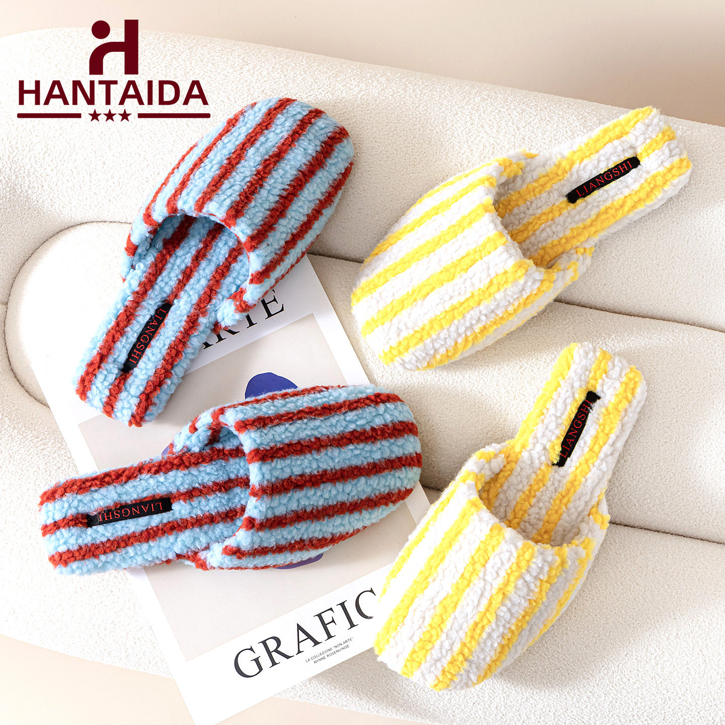 包头韩系条纹棉拖鞋女秋冬季居家用室内保暖防滑情侣卧室家居拖鞋