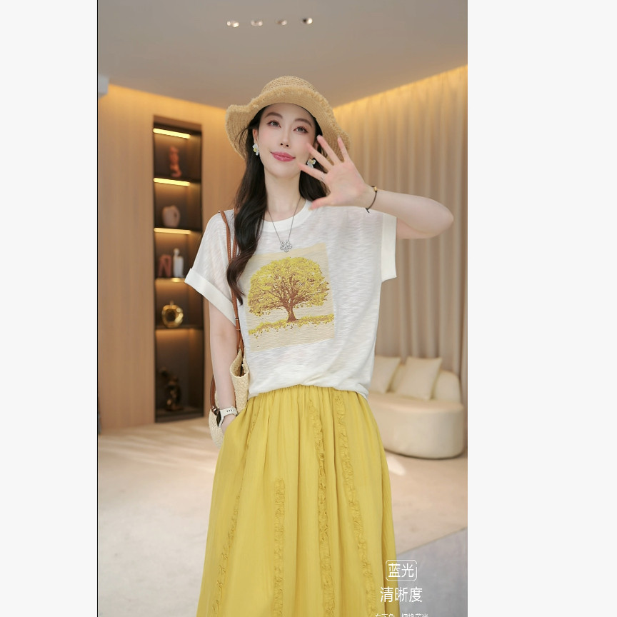 【树梢宣言】夏季显瘦时尚洋气新款小花图案短袖毛织T恤上衣35719