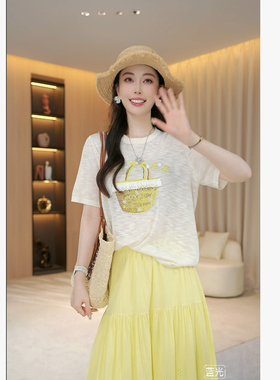 【小花篮】夏季吸湿排汗圆领T恤显瘦休闲时尚毛织T恤上衣35146