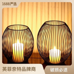 跨境電子燭臺(tái)套裝 飾家居擺件 鐵藝黑色燈籠燭臺(tái)led蠟燭托裝