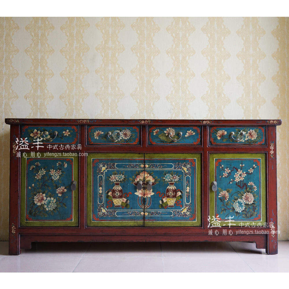 明清仿古家具实木老榆木手绘餐边柜中式描彩绘做旧复古储物玄关柜