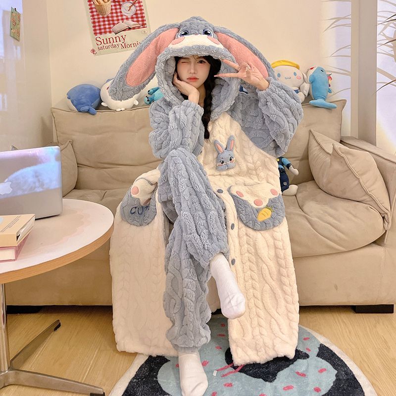 睡衣女秋冬加厚珊瑚绒套装长袖可睡衣/家居服套装