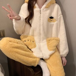 睡衣戴帽子睡衣女冬天珊瑚绒法兰绒加绒加厚套装春秋季女士长袖家