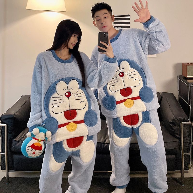 冬季珊瑚绒哆啦a梦卡通情侣睡衣男女士加厚加绒可外出家居服套装