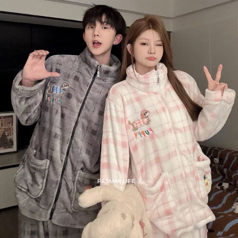 腊肠狗珊瑚绒情侣睡衣女长袖加绒拉链新款情侣装男士家居服套装