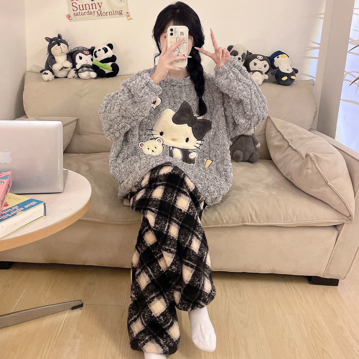 200斤大码珊瑚绒睡衣女冬季网红kitty猫加绒加厚法兰绒外出家居服