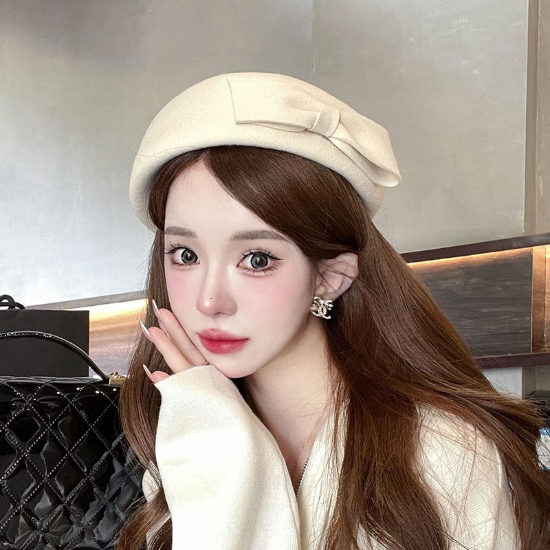秋冬蝴蝶结羊毛贝雷帽女复古英伦帽子