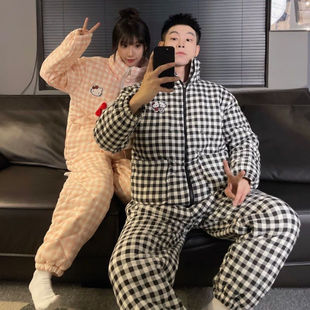 KT猫云朵棉三层夹棉情侣睡衣女款冬季拉链加厚长袖男家居服套装
