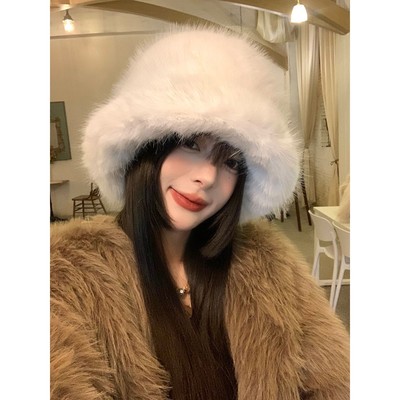 毛绒渔夫帽女秋冬季防寒白色保暖护耳盆帽大头围显脸小毛茸茸帽子