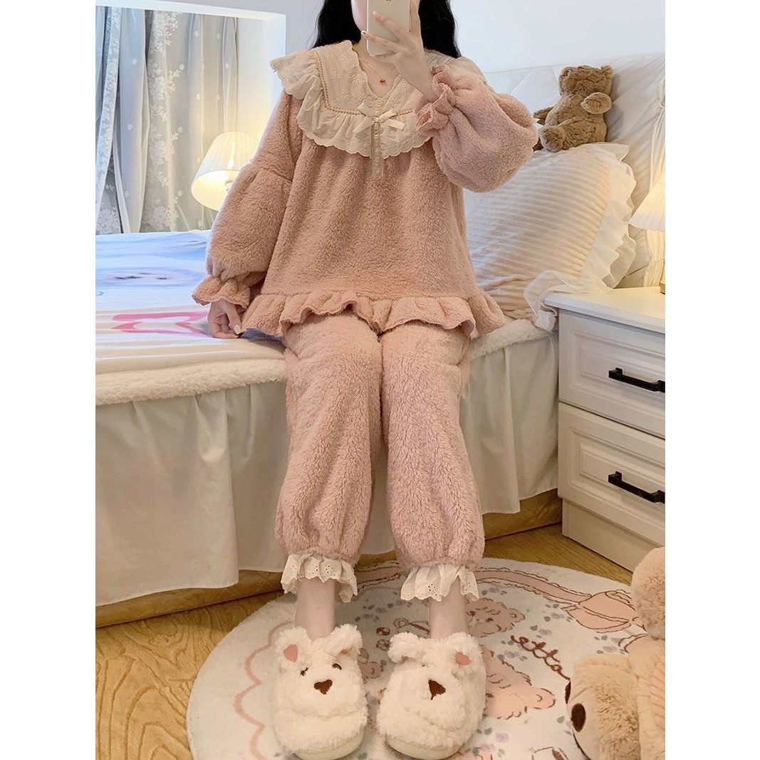 珊瑚绒冬天睡衣女秋冬加绒加厚公主风新款甜美可爱宿舍家居服套装