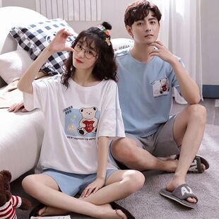 夏季 家居服套装 情侣睡衣纯棉短袖 男女卡通可爱宽松薄款 短裤 2套价