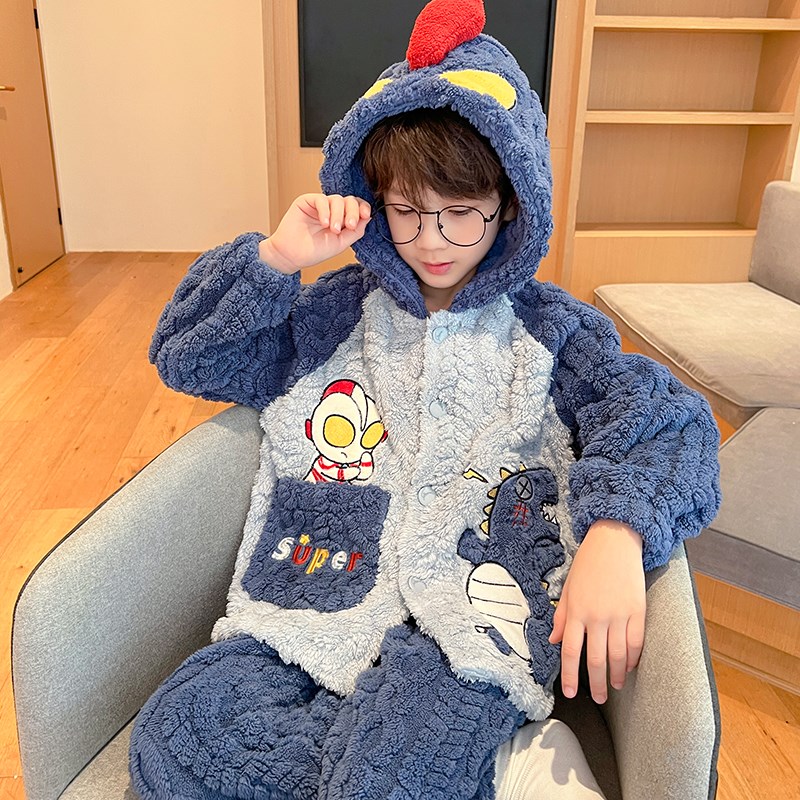 秋冬季儿童睡衣珊瑚绒加厚男童小男孩宝宝中大童法兰绒家居服套装