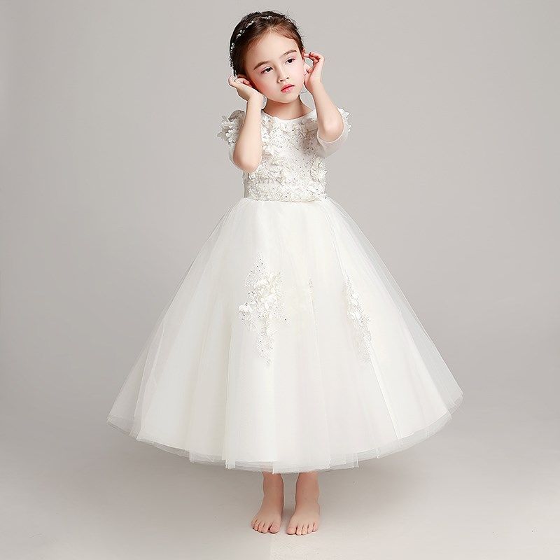 女童晚礼服裙女孩婚纱长款儿童公主裙小花童主持人钢琴演出服长袖