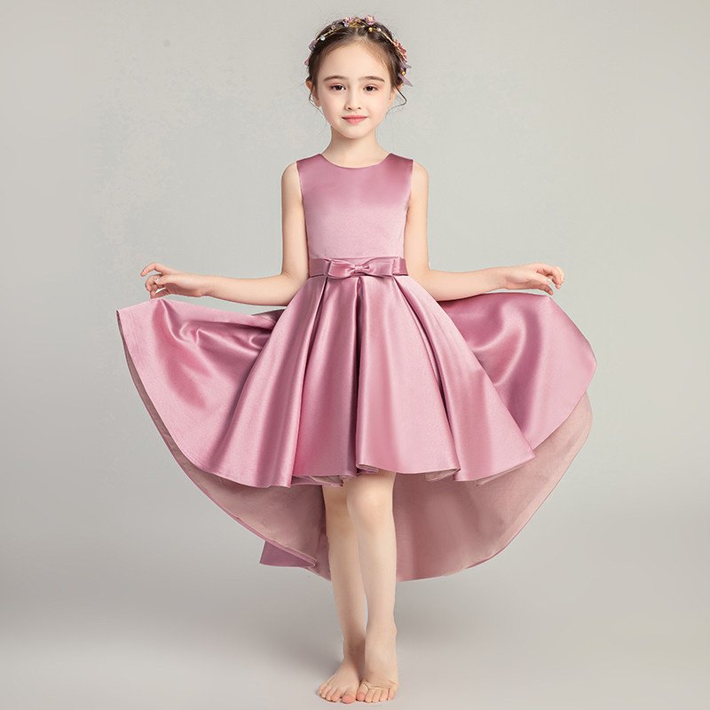 女童晚礼服公主裙无袖缎面儿童钢琴演出服模特走秀表演服装洋气粉