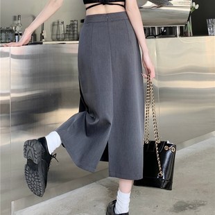 大码灰色长裙半身裙女胖mm高腰显瘦设计感小个子A字百褶裙中长款