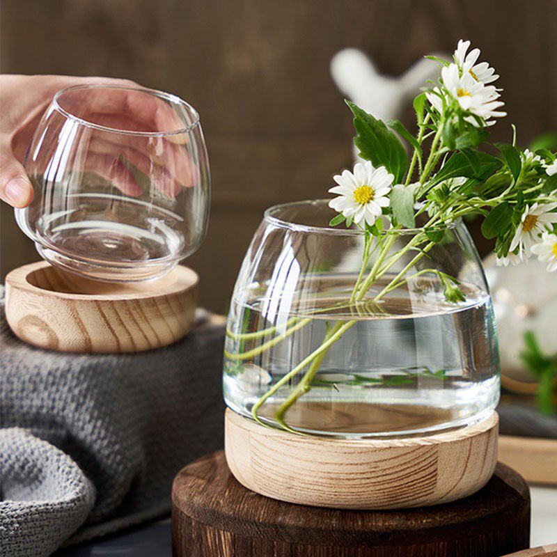 透明超白鱼缸玻璃缸桌面创意圆形小鱼缸客厅小型金鱼缸实木底座缸