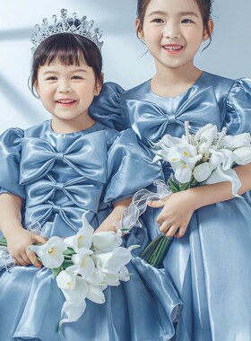 蓝色缎面女孩公主裙亮面高端儿童摄影服装影楼拍照姐妹装走秀表演