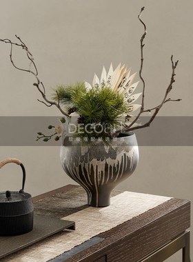 邸高家居新中式茶室样板间软装陈列布置玄武岩干泡台手工茶则摆件