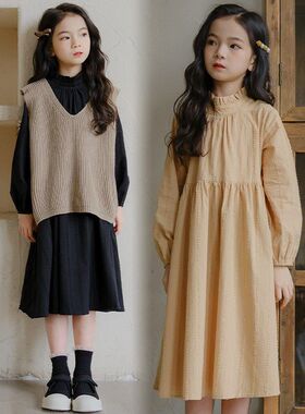 女童连衣裙2024春秋新款森系长袖裙子毛线马甲中大童花边领亲子装