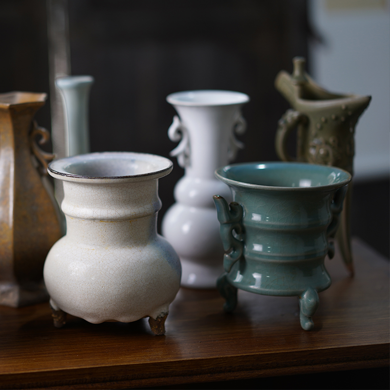 孤品陶瓷插花花器花瓶花道花艺器皿仿柴烧禅意雅致茶室软装摆设