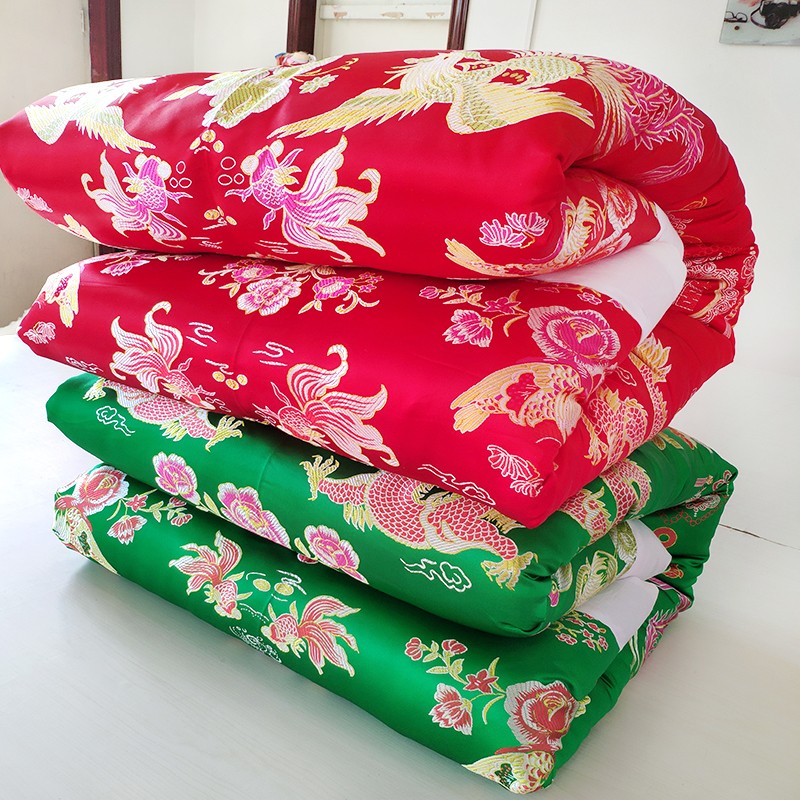 定做手工老式丝绸缎被子结婚嫁妆喜被大红龙凤锦缎冬季绸缎棉花被