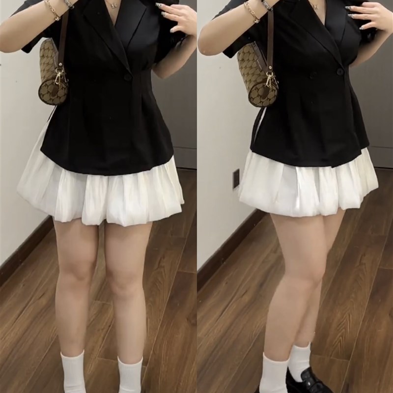 微胖MM御姐西装裙两件套女夏季短袖外套气质收腰显瘦遮肚蓬蓬裙子图片