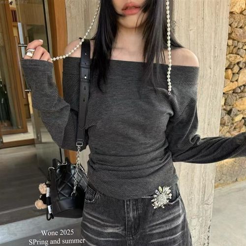 WONE韩系不规则一字肩条纹长袖T恤女202N5春季新款别致露肩上衣