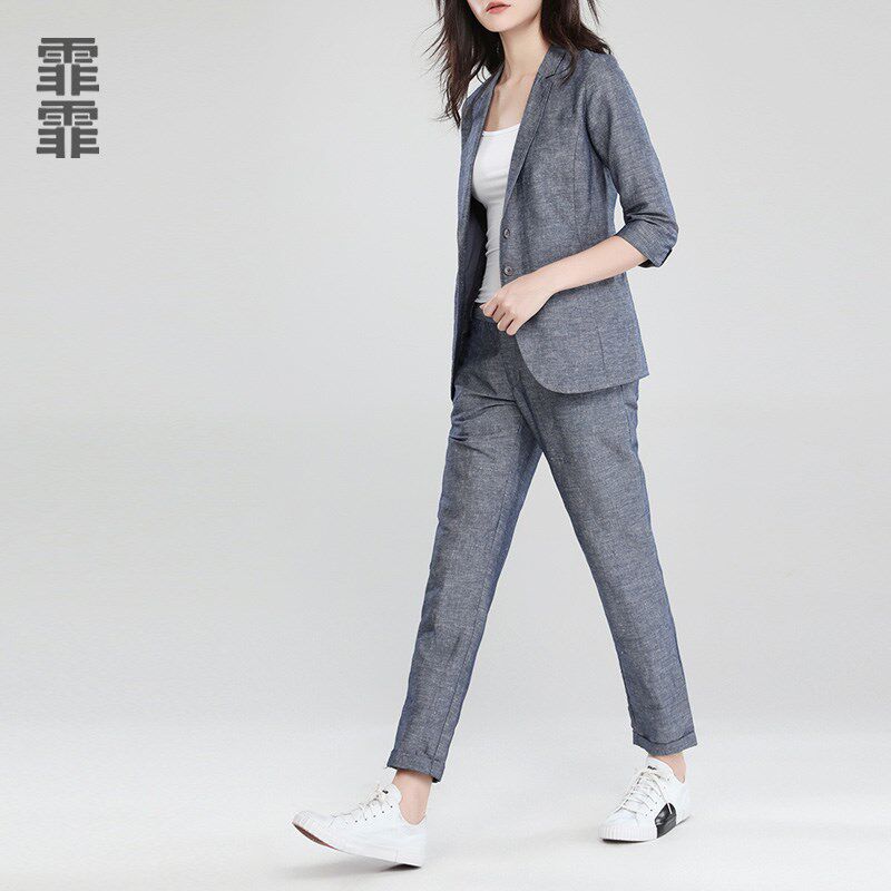 霏霏薄款亚麻西装女2024春夏新款百搭修身显瘦棉麻西服女大码外套