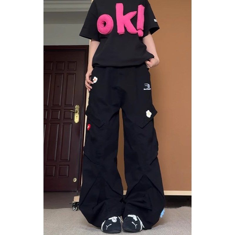 大码胖mm美式复古花朵刺绣伞兵工装牛仔裤女夏季设计感垂感阔腿裤,女装/女士精品,大码裤装,淘宝优惠券,粉丝福利购,淘宝优惠卷