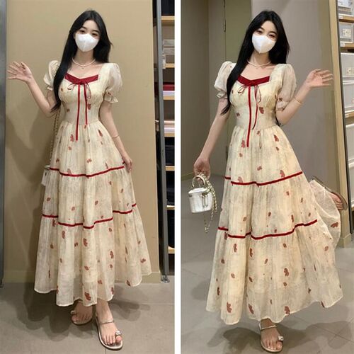 大码女装夏季高级感撞色公主连衣裙胖妹妹收腰显瘦方领初恋长裙子