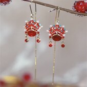 中国风红色京剧脸谱耳线女气质长款 新年喜庆新娘耳饰耳环小众设计