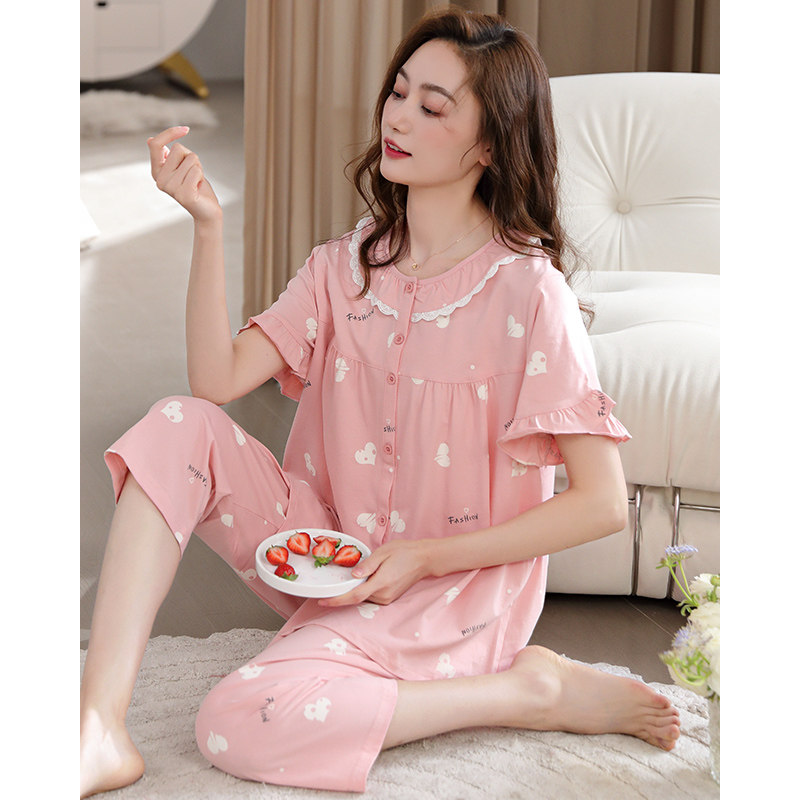 女士睡衣夏季纯棉短袖七分裤家居服2023年新款夏天薄款大码两件套,女士内衣/男士内衣/家居服,睡衣/家居服套装,淘宝优惠券,粉丝福利购,淘宝优惠卷