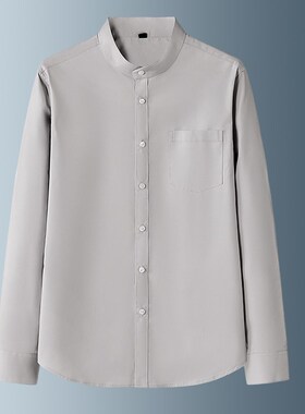 白色立领衬衫男长袖春季村杉弹力200斤上班有口袋无圆领衬衣工装