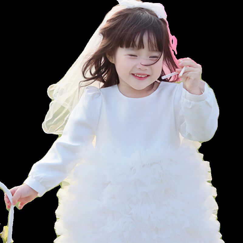 高端白色夏装女童周岁生日抓周花童婚纱礼服女宝公主裙短袖蓬蓬裙