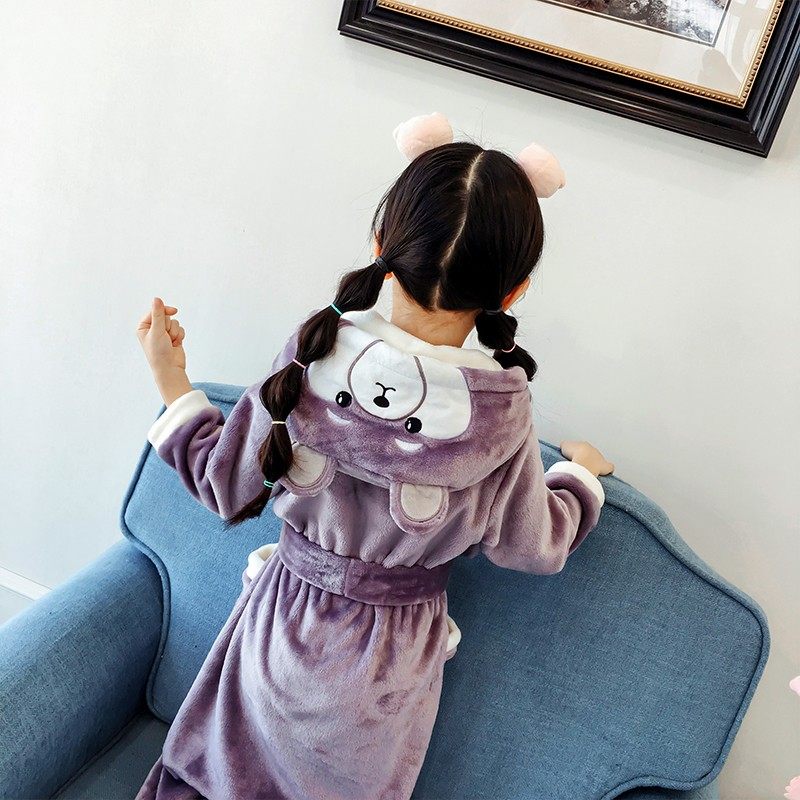 儿童浴袍珊瑚绒睡袍法兰绒秋冬季女童加厚款睡裙女孩连帽宝宝睡衣