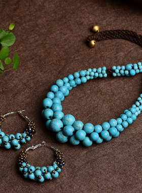 民族风耳环项链套装两件套个性夸张短款百搭演出跳舞网红锁骨链女